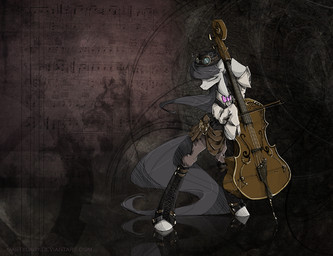 abstract_background alternative_fashion black_hair boots bow_(feature) bow_(stringed_instrument) bow_tie bowed_string_instrument cello clothed clothing eyes_closed eyewear female footwear fur goggles grey_body grey_fur hair musical_instrument shoes simple_background solo steampunk string_instrument tail nastylady friendship_is_magic hasbro my_little_pony octavia_(mlp) earth_pony equid equine horse mammal pony 2012