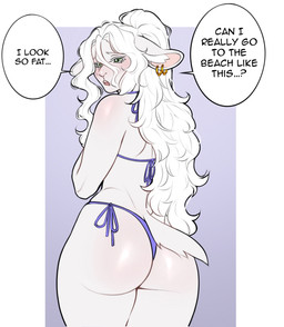 anthro big_butt bikini bodily_fluids butt clothing crying curvy_figure dialogue ear_piercing female flustered fur green_eyes hair insecure long_hair piercing ponytail solo swimwear tears text two-piece_swimsuit white_body white_fur white_hair thethinghidding isryl bovid caprine mammal sheep english_text hi_res sketch