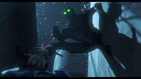 2_toes 3_fingers black_bars bodysuit clothing digitigrade duo eyewear eyewear_on_head feet fingers goggles goggles_on_head green_eyes gun jumpsuit laser_sight male night_vision_goggles pointing_gun_at_another ranged_weapon sharp_teeth skinsuit solo_focus spurs_(anatomy) teeth tight_clothing toes weapon rooking bioware electronic_arts mass_effect pandora_tomorrow splinter_cell tom_clancy's_(series) ubisoft alien batarian humanoid turian 16:9 3d_(artwork) absurd_res colored digital_media_(artwork) hi_res letterbox widescreen