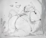 anthro big_butt bodily_fluids butt clothed clothing dialogue feet flies_for_smell male musk musk_clouds musky_butt outside overweight overweight_male plant smelly solo sweat text tree mayku dragon_quest square_enix mammal orc_(dragon_quest) suid suine sus_(pig) wild_boar 2024 english_text