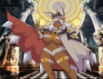 anthro big_breasts blue_eyes bottomwear breasts clothing coat female hair long_hair looking_at_viewer navel shorts smile smiling_at_viewer solo topwear under_boob white_hair mastergodai arc_system_works guilty_gear naomi_(mastergodai) ramlethal_valentine bear mammal