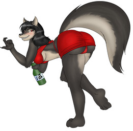 alcohol anthro beckoning beverage black_hair blush bottle bottomwear bra clothing container drunk female fur gesture grey_body grey_fur hair holding_bottle holding_container holding_object looking_at_viewer red_eyes sake skirt smile solo substance_intoxication teasing thong underwear xskullstomperx the_sake_ninja canid canine fox mammal 2014 colored hi_res