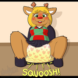 anthro antlers big_diaper blush bodily_fluids bottomwear breasts clothed clothing diaper diaper_fetish diaper_squish diaper_under_clothing diaper_under_skirt eyelashes female freckled_face freckles genital_fluids hand_on_cheek hooves horn long_eyelashes medium_breasts onomatopoeia pattern_diaper peeing pink_diaper sitting skirt solo sound_effects text unclean_diaper upskirt urine used_diaper using_diaper wearing_diaper wet_diaper wetting wetting_diaper shadyadi deltarune undertale_(series) noelle_holiday deer mammal new_world_deer reindeer 1:1 hi_res