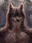 anthro black_nose blue_eyes forest front_view male plant scar smile snow solo tree akineza mythology rakan canid canine canis mammal mythological_canine mythological_creature werecanid werecanine werecreature werewolf wolf 2018 bust_portrait digital_media_(artwork) portrait