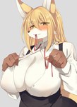 4_fingers anthro big_breasts black_nose blonde_hair blush breasts brown_body brown_fur cheek_tuft cleavage clothed clothing dipstick_ears ear_markings facial_tuft female fingers fur hair inner_ear_fluff kemono long_hair looking_at_viewer multicolored_ears nipple_outline open_clothing open_shirt open_topwear shirt simple_background solo topwear tuft white_body white_fur yellow_body yellow_eyes yellow_fur sgsix canid canine fox mammal 2019 half-length_portrait portrait