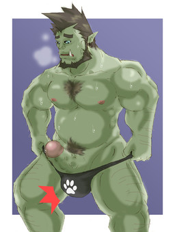 beard bodily_fluids body_hair chest_hair chest_tuft clothing erection facial_hair footprint fur genital_fluids genitals humanoid_genitalia humanoid_penis male muscular muscular_humanoid muscular_male nipples not_furry pawprint pecs penis precum pubes solo sweat thong tuft tusks underwear reclamon humanoid orc