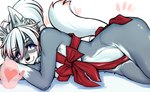 anthro armpit_hair armpit_tuft big_breasts blush body_hair bow_(feature) bow_ribbon breast_bow breasts chest_bow chest_tuft clothing eyebrows eyelashes female female_anthro fingers fur gift_wrapped grey_body grey_fur hair heart_reaction heart_symbol kemono long_hair looking_at_viewer lying multicolored_body multicolored_fur on_side purple_eyes ribbons simple_background solo speech_bubble tuft two_tone_body two_tone_fur white_body white_fur ookamiwaho okami_bark canid canine canis mammal wolf digital_media_(artwork)