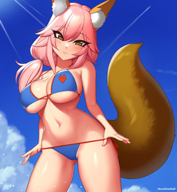 aircraft airplane belly big_breasts bikini bikini_bottom bikini_top blush breasts cleavage clothed clothing cloud female female_humanoid hair hand_in_bikini inner_ear_fluff light_body light_skin looking_at_viewer low-angle_view navel outside pink_hair sky smile smiling_at_viewer solo string_bikini swimwear topwear tuft two-piece_swimsuit under_boob undressing_self vehicle kuroonehalf fate_(series) type-moon caster_tamamo-no-mae tal animal_humanoid canid canid_humanoid canine canine_humanoid fox_humanoid humanoid mammal mammal_humanoid colored digital_media_(artwork) shaded
