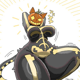 anthro belly big_breasts black_body bodysuit bone breasts clothing female food for_a_head fruit glowing glowing_eyes glowing_mouth hands_behind_head orange_body plant pumpkin pumpkin_head raised_leg shaking_breasts skeleton skinsuit solo tail thick_thighs tight_clothing yellow_body itidesu_zoe epic_games fortnite spice_(fortnite) felid feline mammal object_head 1:1 2025 digital_drawing_(artwork) digital_media_(artwork) hi_res