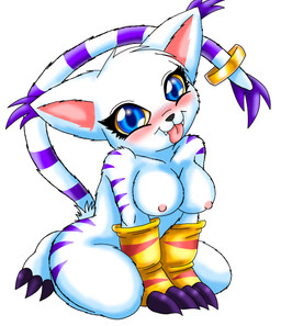 accessory anthro blue_eyes blush breasts claws clothing ear_tuft female fur furgonomics gloves handwear jewelry kneeling looking_at_viewer medium_breasts nipples nude nude_anthro nude_female purple_body purple_fur raised_tail simple_background smile smiling_at_viewer solo striped_body striped_fur stripes tail tail_accessory tail_bracelet tail_jewelry tail_tuft teeth tongue tongue_out tuft white_background white_body white_fur yellow_sclera docsye bandai_namco digimon digimon_(species) gatomon absurd_res hi_res