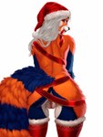 anthro blue_body blue_fur butt christmas_clothing christmas_headwear clothing female fluffy fluffy_tail fur genitals grey_eyes hair hat headgear headwear holidays legwear looking_at_viewer looking_back multicolored_body multicolored_fur pussy rear_view red_body red_fur santa_hat solo stockings tail white_body white_fur white_hair moirah christmas ailurid bear mammal red_panda absurd_res hi_res