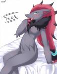 anthro bed blue_eyes blush breasts canid canine claws cute_fangs featureless_breasts female foxteru fur furniture generation_5_pokemon hair hi_res looking_at_viewer mammal nintendo nude on_bed pokemon pokemon_(species) red_hair smile solo tongue tongue_out zoroark