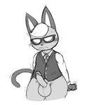 anthro balls big_balls blush bodily_fluids bottomless clothed clothing erection eyewear genitals glasses hair humanoid_genitalia humanoid_penis male necktie partially_clothed penis shirt simple_background solo standing sweat thick_thighs topwear vest wavy_mouth locitony animal_crossing nintendo raymond_(animal_crossing) domestic_cat felid feline felis mammal 2021 monochrome