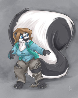 alternate_species anthro barefoot black_nose blue_eyes bottomwear breasts brown_hair clothing crossgender feet female fluffy fluffy_tail hair pants shirt solo tail topwear torn_clothing flinters mammal mephitid skunk 2025 4:5 hi_res