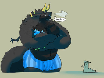 anthro belly black_body black_fur black_nipples black_scales black_sclera blue_blush blue_eyes blush body_hair bulge chest_hair claws clothed clothing crossed_arms eyewear finger_claws fur glasses group horn looking_down looking_down_at_another male male/male mane musclegut muscular muscular_arms nipples pecs scales side_view size_difference solo speech_bubble trio underwear underwear_only kingkuga bandai_namco digimon mythology briggsy_(kingkuga) canid canine digimon_(species) dragon furred_dragon furred_scalie mammal mythological_creature mythological_scalie scalie hi_res