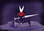 anthro black_body breasts butt cloak clothed clothing eyes_closed female red_cloak red_clothing simple_background solo thick_thighs weapon morfkey hollow_knight team_cherry hornet_(hollow_knight) arthropod absurd_res digital_media_(artwork) hi_res