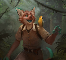 4_fingers anthro backpack blue_eyes blue_tongue bottomwear clothed clothing duo fingers forest fur grass green_fingers happy jungle male orange_body orange_fur pants plant smile teeth tongue tree white_body white_fur trunorth avian bird canid canine fox mammal parrot