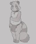 balls big_balls big_penis clothed clothing collar genitals male penis shy slightly_chubby solo standing underwear mukitanuki canid canine mammal raccoon_dog tanuki monochrome