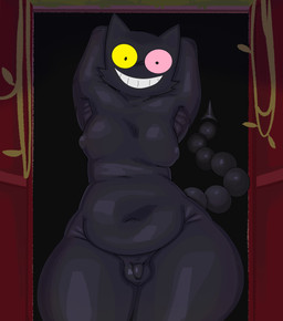 anthro armpit_fetish belly black_body genitals hands_behind_head huge_hips looking_at_viewer male moobs overweight penis small_penis smile solo standing wide_hips awfulxen friend_(deltarune) felid feline mammal absurd_res hi_res