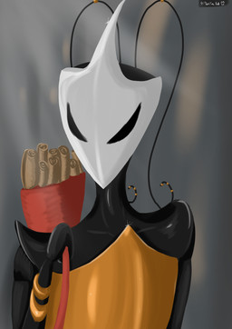 antennae_(anatomy) antennae_ring anthro backpack black_body black_eyes bracelet bronze_(metal) bronze_jewelry carapace clothed clothing female glint holding_object jewelry map simple_background solo standing fluxfoxart hollow_knight:_silksong hollow_knight_(franchise) team_cherry shakra_(hollow_knight:_silksong) arthropod insect absurd_res digital_media_(artwork) digital_painting_(artwork) hi_res painting_(artwork) shaded signature
