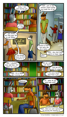 adolescent anthro biped bottomwear breasts bulge clothed clothing detailed_bulge dialogue duo embarrassed erection erection_under_clothing female female_anthro genital_outline hooves learning male male_anthro nipple_outline penis_outline school skirt text unguligrade young confusedraven dave_(confusedraven) mia_(confusedraven) bear bovid bovine canid canine canis cattle domestic_dog equid equine fox horse lagomorph leporid mammal rabbit 4:7 absurd_res comic english_text hi_res
