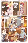 anthro blonde_hair bulge dialogue duo female gynomorph hair intersex intersex/female office pink_hair semi_public silver_hair suggestive text elie-s_den cassandra_lykaios linahusky canid canine canis domestic_dog husky mammal nordic_sled_dog spitz comic english_text