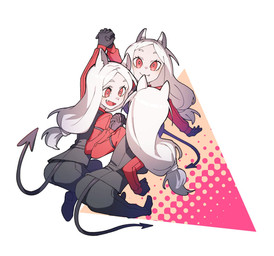 bottomwear butt clothing fangs female gloves group hair hand_holding handwear long_hair looking_at_another looking_at_viewer open_mouth pants red_eyes simple_background smile spade_tail tail teeth topwear vest white_background white_body white_hair white_skin buttoniris helltaker cerberus_(helltaker) animal_humanoid canid canid_humanoid canine canine_humanoid demon demon_humanoid dog_humanoid humanoid mammal mammal_humanoid hi_res