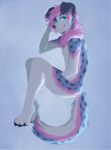 anthro blue_background blue_body blue_eyes blue_fur casual_nudity femboy fur hair male multicolored_body multicolored_fur nude pink_body pink_fur pink_hair plantigrade simple_background solo spots white_body white_fur nayel-ie canid canine mammal cool_colors digital_media_(artwork)