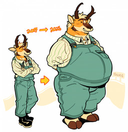 2_horns anthro antlers before_and_after belly big_belly biped black_boots black_clothing black_footwear body_size_growth boots brown_antlers brown_body brown_eyebrows brown_fur brown_hooves brown_horn brown_nose clothed clothed_anthro clothed_male clothing collared_shirt crossed_arms directional_arrow dress_shirt eyebrows eyes_closed facial_markings fingers footwear fully_clothed fully_clothed_anthro fully_clothed_male fur green_clothing green_overalls grin hair hands_behind_back head_markings hooved_plantigrade hooved_toes hooves horn humanoid_hands male male_anthro markings multicolored_body multicolored_fur orange_body orange_ears orange_fur overalls overweight overweight_anthro overweight_male pattern_clothing pattern_shirt pattern_topwear plantigrade shirt shoes simple_background simple_eyes size_transformation smile solo standing star_(marking) striped_clothing striped_dress_shirt striped_shirt striped_topwear stripes tan_body tan_fur tan_hair tan_inner_ear teeth text topwear transformation weight_gain raymodule mammal pronghorn digital_drawing_(artwork) digital_media_(artwork) english_text flat_colors full-length_portrait handwritten_text hi_res portrait three-quarter_portrait