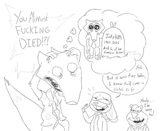 anthro bodily_fluids buckteeth dialogue female group imagining male profanity scared_eyes silly sweat teeth text tombstone trio rumcoat disney zootopia judy_hopps nibbles_maplestick nick_wilde english_text monochrome