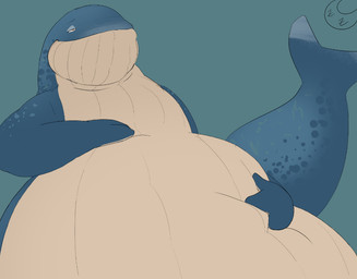 anthro belly belly_squish big_belly blue_arms blue_background blue_body blue_tail male overweight simple_background solo squish tail tan_belly unknown_artist jay_(questionablesalsa) aquatic baleen_whale blue_whale cetacean mammal whale 2025 watermark