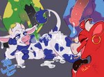 after_sex bodily_fluids cum cum_drip cum_inside dripping female genital_fluids group laugh mascot simple_background vocalization crownedvictory bel_group lactaid patreon lactaid_cow the_laughing_cow bovid bovine cattle mammal 2021 absurd_res hi_res