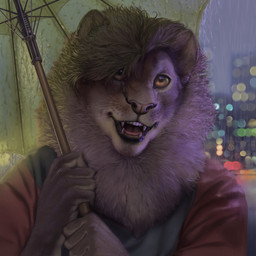 anthro city fur male mane raining smile solo umbrella wet wet_body wet_fur whiskers fuzzle_(artist) zionlion felid lion mammal pantherine 1:1 hi_res