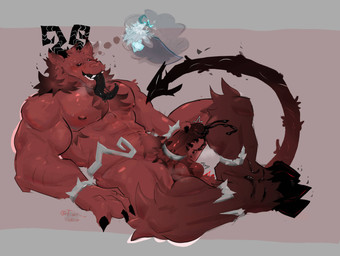 anthro balls biceps black_cum bodily_fluids body_hair colored_cum cum ejaculation erection genital_fluids genitals glans male muscular muscular_male nipples nude pecs penis pubes solo tail tongue tongue_out unusual_bodily_fluids unusual_cum unusual_genital_fluids tarusaki don't_starve klei_entertainment wortox imp absurd_res hi_res