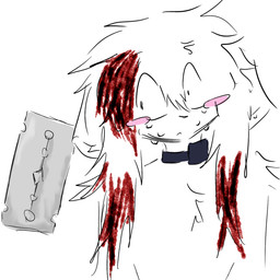 ambiguous_gender anthro blade blood blush blush_lines bodily_fluids chest_fur collar crying floppy_ears gore hair long_hair razor razor_blade scar self-harm self-harm_scars shock_collar solo sweat tears tools white_body wide_eyed real_feral preychan felid feline mammal 1:1 bust_portrait portrait
