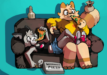 anthro bag beanie big_tail bottle bottomwear box clothing container controller crossed_legs drugs duo female food footwear furniture hat headgear headwear heart_symbol lying lying_on_sofa male marijuana midriff on_sofa piercing pink_bottomwear pink_clothing pink_skirt pizza pizza_box remote_control sack shirt shoes shorts sitting sitting_on_sofa skirt sofa sweater tail tank_top topwear yellow_clothing yellow_sweater yellow_topwear bittenhard dg_(pongodecky) pugzy_(pugosixtyfour) canid canine canis coyote mammal procyonid raccoon hi_res