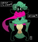 anthro black_background bodily_fluids cloak clothed clothing clothing_lift diaper diaper_fetish diaper_under_clothing diaper_use dress dress_lift embarrassed eyewear fart fart_cloud feces fluffy_ears genital_fluids glasses green_cloak green_clothing hat headgear headwear horn male open_mouth peeing pink_scarf pooping scarf scatplay simple_background soiled_diaper soiling soiling_diaper solo spread_legs spreading stink_fumes stink_lines sweat sweatdrop tape text unclean_diaper urine used_diaper wearing_diaper wet_diaper wetting dljoe deltarune undertale_(series) ralsei bovid caprine goat mammal english_text signature