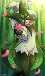 anthro blurred_foreground female flower fur grass green_body green_fur half-closed_eyes head_tilt holding_flower holding_object looking_at_viewer mask narrowed_eyes open_mouth petals pink_eyes plant smile solo standing thick_thighs wide_hips morbidlycutecrunch nintendo pokemon generation_9_pokemon meowscarada pokemon_(species) absurd_res hi_res