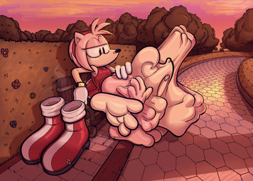 abdominal_bulge anthro barefoot clothed clothing dress duo feet female foot_focus forced gloves handwear struggling struggling_prey vore doweljump sega sonic_the_hedgehog_(series) amy_rose sally_acorn chipmunk eulipotyphlan ground_squirrel hedgehog mammal rodent sciurid 2025 absurd_res hi_res