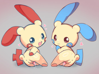 anthro anus balls beady_eyes biped blue_body bodily_fluids butt chibi closed_smile duo genital_fluids genitals grey_background heart_symbol hearts_around_head leaking_precum looking_at_viewer male male_anthro mouth_closed multicolored_body open_mouth open_smile penis plantigrade precum presenting presenting_hindquarters rear_view red_body short simple_background smile tail tapering_penis two_tone_body unusual_anatomy unusual_tail yellow_body mi_(artist) nintendo pokemon generation_3_pokemon minun plusle pokemon_(species) 2026 digital_drawing_(artwork) digital_media_(artwork) shaded soft_shading