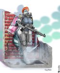 anthro armor big_breasts blue_eyes body_armor boots breasts brick_wall bulge claws clothing curvy_figure footwear graffiti grey_body grey_skin gun gynomorph hair intersex knife markings muscle_tone muscular muscular_anthro muscular_gynomorph muscular_intersex non-mammal_breasts orange_hair police police_uniform ranged_weapon shoes shotgun solo uniform wall_(structure) weapon wide_hips kamina1978 iris_meranni_(wsad) lizard reptile scalie skink