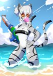 2_tails anthro beach clothing eyewear female glasses grey_hair hair multi_tail one-piece_swimsuit solo swimwear tail toy toy_gun translucent translucent_clothing translucent_swimwear water_gun sparxel gris_swimsuit meme_clothing mizuki_(sparxel) felid feline mammal absurd_res hi_res meme