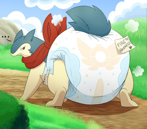 ambiguous_gender big_diaper blue_body blue_fur blue_tail clean_diaper clothed clothing cloud cloud_emanata detailed_background diaper diaper_puff dirt_path ears_back ellipsis emanata feral fluffy fluffy_tail frown fur grass half-closed_eyes kerchief looking_back multicolored_body multicolored_fur narrowed_eyes neckerchief neckwear path pivoted_ears plant post-it_note rear_view red_kerchief red_neckerchief sky solo tail teasing text two_tone_body two_tone_fur walking wearing_diaper wetness_indicator yellow_body yellow_fur fang29 nintendo pokemon pokemon_mystery_dungeon spike_chunsoft kallos_(fang29) generation_2_pokemon pokemon_(species) typhlosion 2023 absurd_res english_text full-length_portrait hi_res portrait