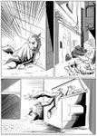 action_scene anthro black_eyes building dumpster male simple_background star trash unconscious violence wall_(structure) dune_pearson gaudiestabyss27 canid canine canis hyena mammal wolf absurd_res black_and_white comic hi_res monochrome