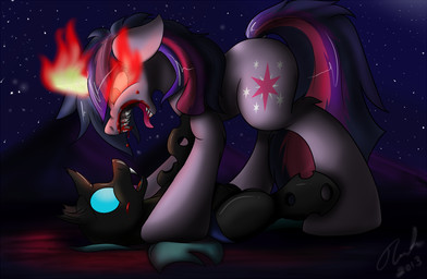 angry blood bodily_fluids corruption duo female feral fire fur glowing glowing_eyes hair horn insect_wings multicolored_hair open_mouth outside purple_body purple_fur sky star tongue wings inkybeaker friendship_is_magic hasbro my_little_pony mythology drone_(mlp) twilight_sparkle_(mlp) arthropod changeling_(mlp) equid equine mammal mythological_creature mythological_equine unicorn 2013