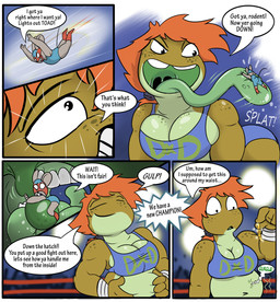 anthro anthro_pred bikini breasts brown_body cleavage clothed clothing countershade_torso countershading dialogue disembodied_voice duo extended_tongue extreme_size_difference female female_anthro female_pred fighting_ring freckled_breasts freckled_face freckled_shoulders freckles gold_belt green_body green_tongue hair larger_female larger_pred leotard long_tongue male missing_tooth musclegut muscular muscular_female orange_hair reverse_mouth_shot rumbling_stomach size_difference solo sound_effects sports_bikini spotlight swimwear text tongue two-piece_swimsuit uvula uvula_grab vore wraps wrestling wrist_wraps gtb23 daryl_(gtb23) amphibian frog mammal mouse murid murine rodent comic english_text