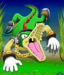 anthro chain clothing electronics footwear gloves gold_(metal) gold_chain grass handwear headgear headphones lying male on_front on_ground open_mouth partially_submerged pink_tongue plant scales sharp_teeth shoes solo tail teeth throat tongue uvula kazuo_ichigama sega sonic_the_hedgehog_(series) vector_the_crocodile crocodile crocodilian reptile scalie hi_res