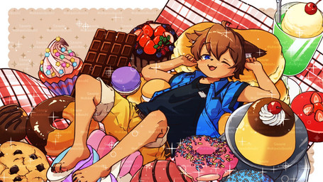 5_fingers anthro belt cake candy cherry chocolate chocolate_bar cookie cupcake dessert detailed_background doughnut eyebrow_through_hair eyebrows fingers food fruit hair male one_eye_closed pancake pastry plant shoeless short solo strawberry translucent translucent_hair okaminiboshi yuki_inubo canid canine canis domestic_dog mammal 16:9 widescreen