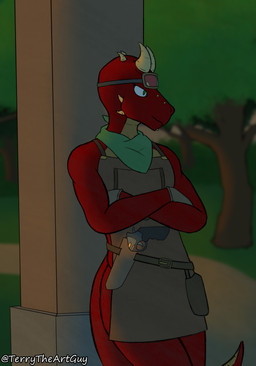 anthro apron apron_only big_clitoris chest_scar clitoris clitoris_piercing clothing eyewear eyewear_on_head forest_background genital_piercing genitals goggles goggles_on_head green_eyes gun handgun horn kerchief male multiple_piercings piercing ranged_weapon red_body red_scales revolver scales scar solo weapon terrytheartguy mythology karn_(terrytheartguy) dragon mythological_creature mythological_scalie scalie absurd_res hi_res trans_(lore)