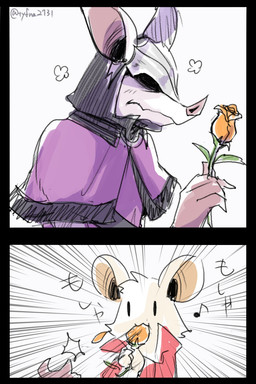 anthro armor clothing duo eating_flower female flower giving_flower headgear helmet helmet_over_eyes holding_flower holding_object male male/female plant purple_clothing red_clothing shadowed_eyes tyfna2731 mina_the_hollower yacht_club_games mina_(mina_the_hollower) thorne_(mina_the_hollower) bat mammal mouse murid murine rodent 2:3 hi_res sketch
